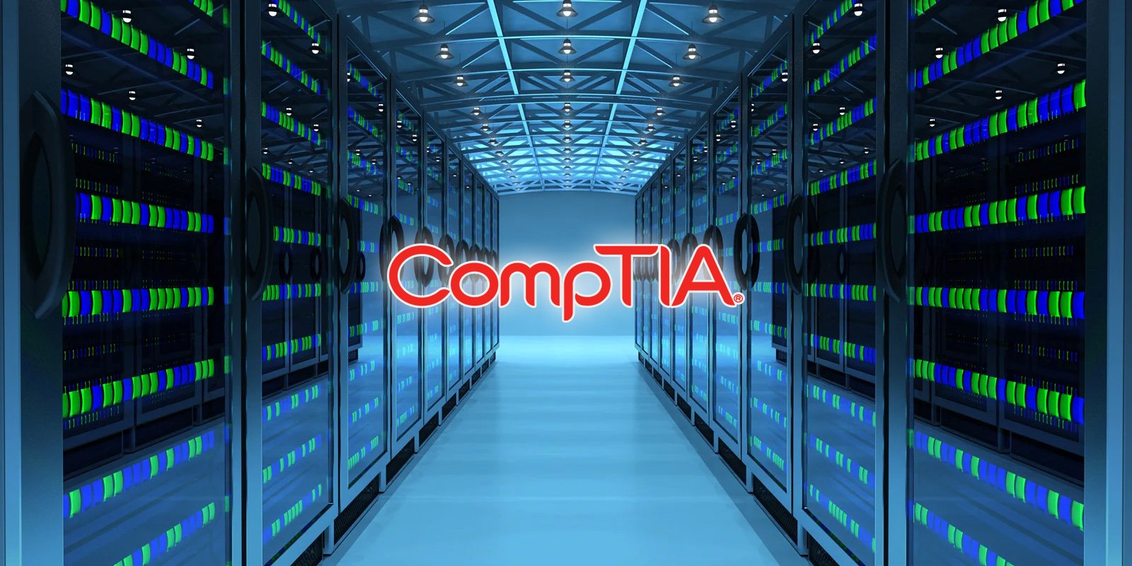 CompTIA logo over a data center