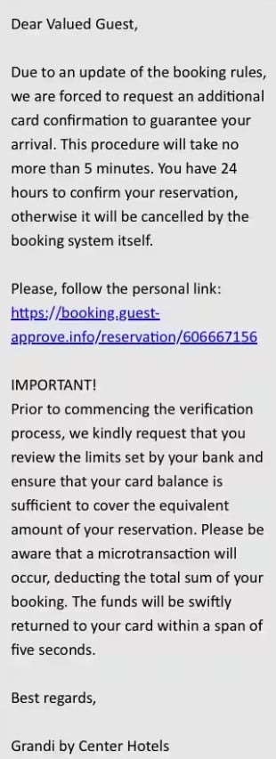 Believable phishing message delivered through legitimate booking platform