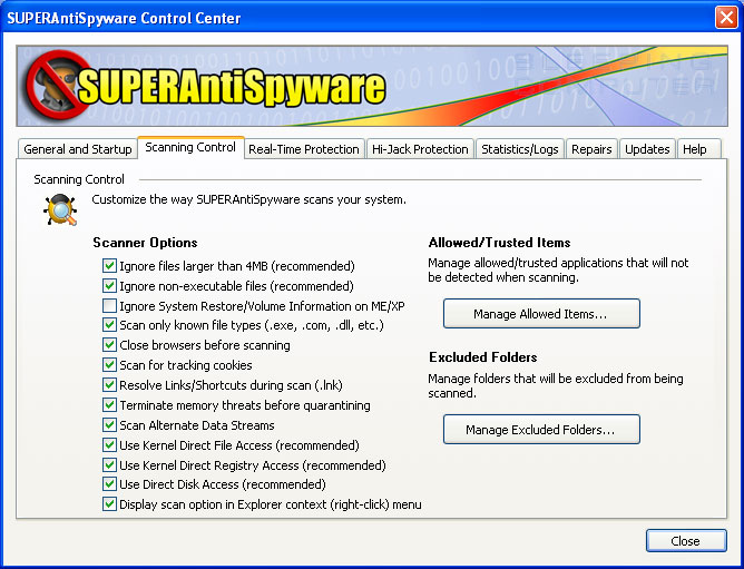SUPERAntiSpyware Scanning Controls Preferences Screen