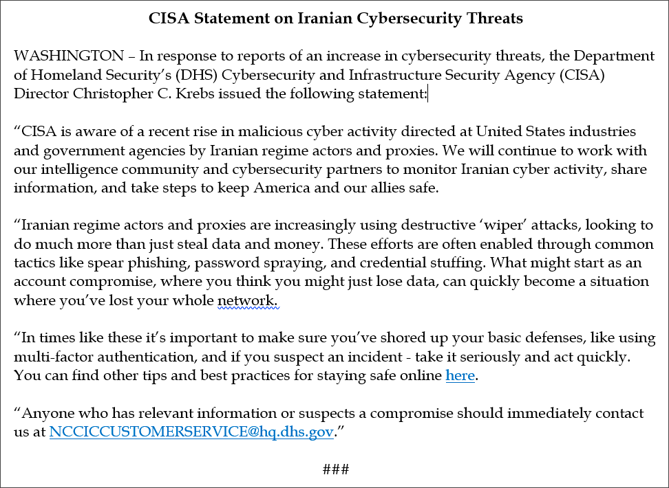 CISA Statement on Iranian Cybersecurity Threats